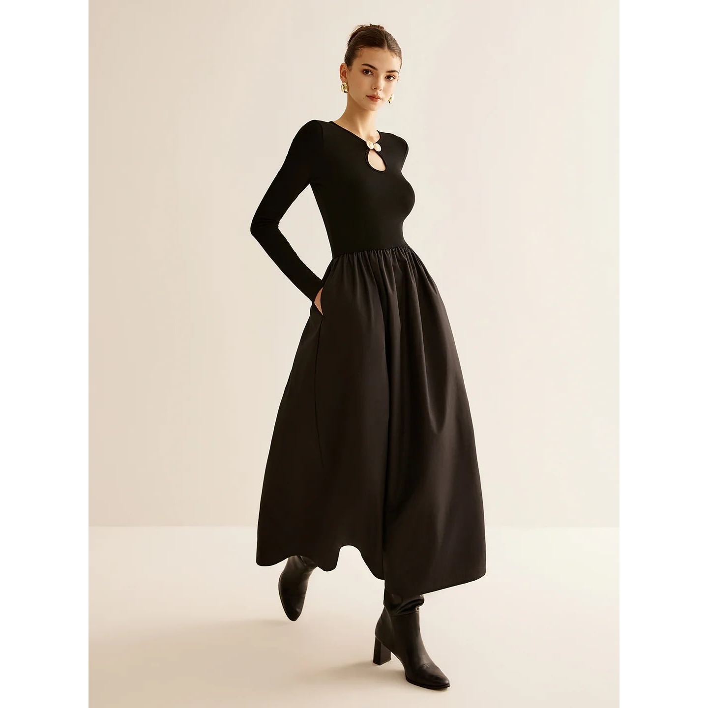 Commense Long Sleeve Midi Dress Keyhole Neckline Fit And Flare Dress Size L